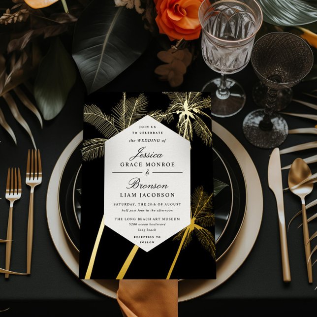 goldene Palmen, raffinierte tropische Hochzeit Folieneinladung (Von Creator hochgeladen)