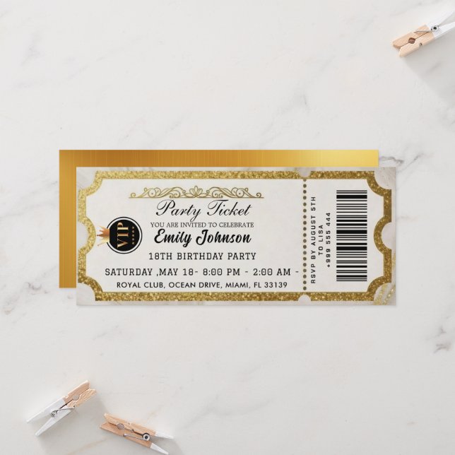 Goldene Parteiticket-Einladung 2026 Einladung (Vorderseite/Rückseite Beispiel)