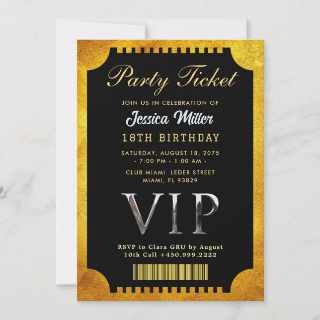 Goldene Party-Ticket-Einladung Einladung (Vorderseite)