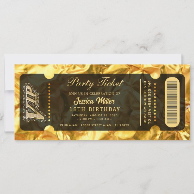 Goldene Party-Ticket-Einladung Einladung (Vorderseite)