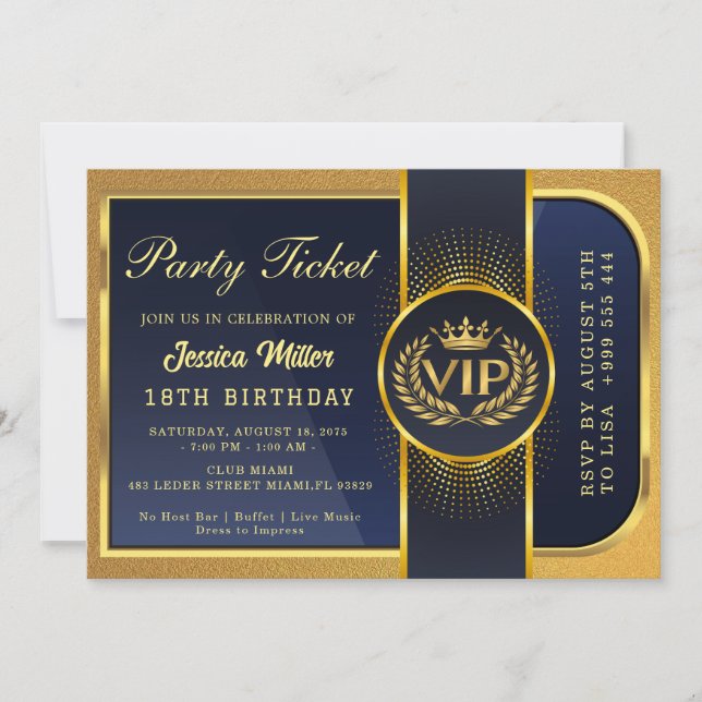 Goldene Party-Ticket-Einladung Einladung (Vorderseite)