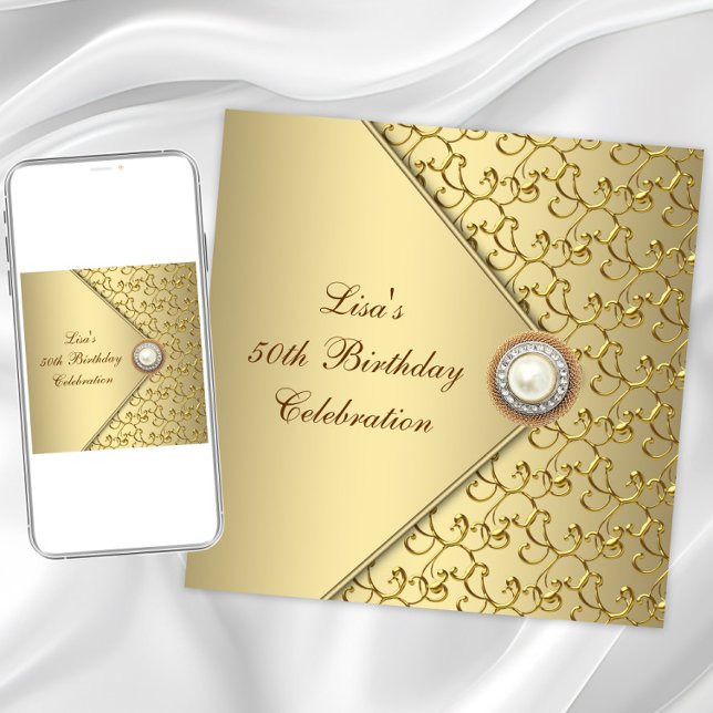 Goldene Perle Frauen 50. Geburtstagsparty Einladung (Elegant gold birthday and any event invitation. Instant download and printed invitations available.)