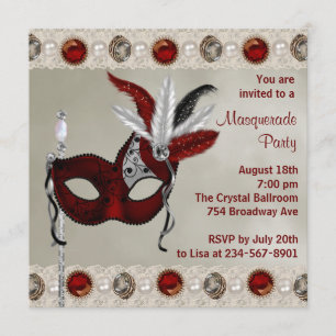 Goldene Perlen Rote Maskerade Party Einladung