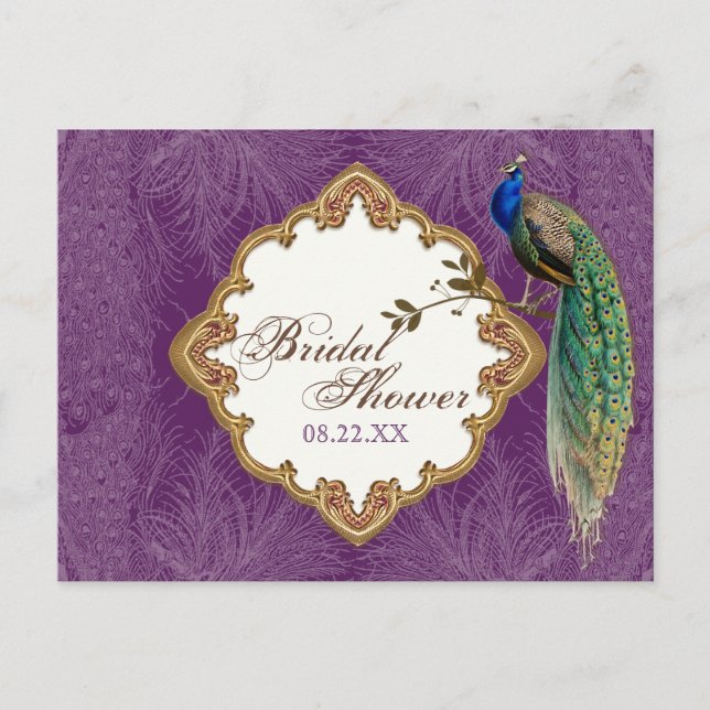 Goldene Pfaue & Wirbel - Save the Date Postkarte (Vorderseite)