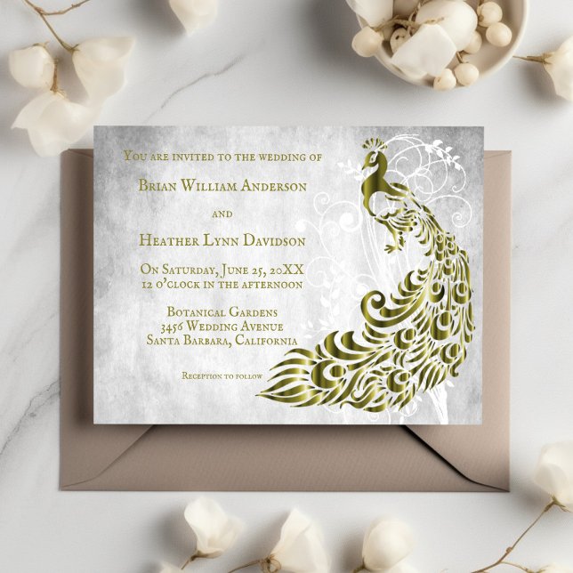 Goldene Pfauenleder Einladung zur Hochzeit (Gold Peacock Leaf Vine Wedding Invitation)