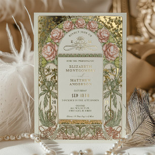 Goldene Pfingstrosen Vintage-Hochzeit Art Nouveau Folieneinladung