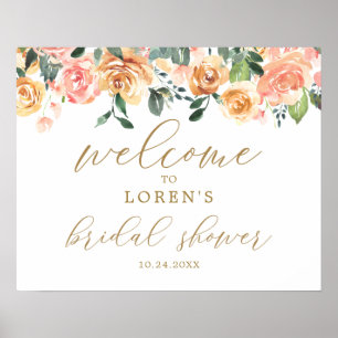 Goldene Pfirsich-Blumen-Hochzeitsdusche-Willkommen Poster