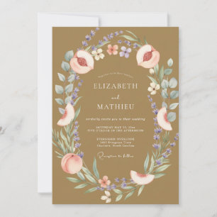 Goldene Pfirsichfrucht-Eukalyptus-Hochzeit Einladung