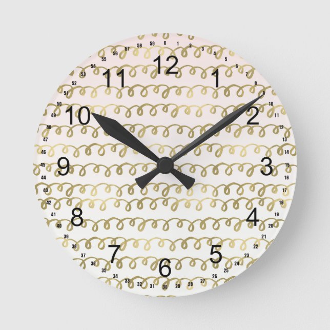 Goldene Pfirsichquiggle Runde Wanduhr (Vorderseite)