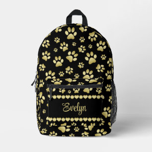 Goldene Pfotenabdrücke auf Schwarz mit individuell Bedruckter Rucksack
