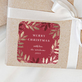 Goldene Pine Branch Red Frohe Weihnachtsfeiertage Quadratischer Aufkleber