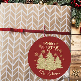 Goldene Pine Trees Gold Schneeflocken Runder Aufkleber