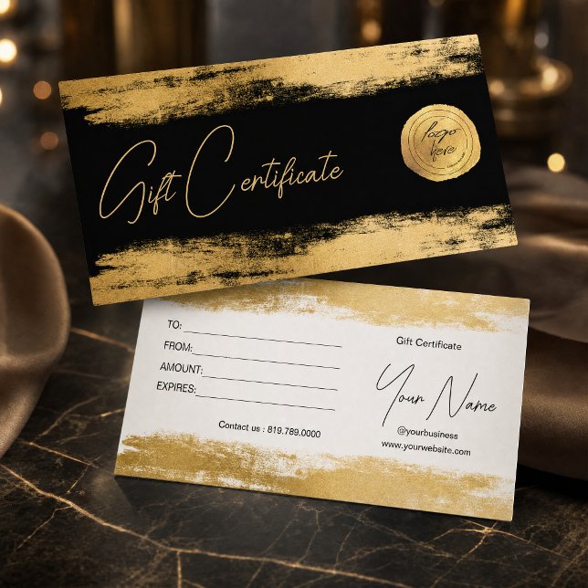 Goldene Pinselfolie | Logo-Geschenkgutschein (#abstractgold #abstractstroke #elegantgiftvoucher #makeupartistgiftcard #beautygiftcard #scripttext)