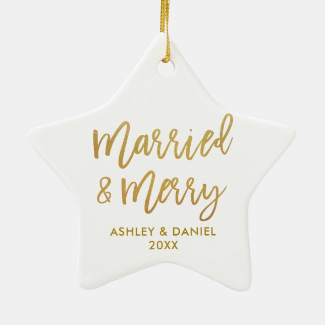 Goldene Pinselschrift Verheiratet & Merry Wedding  Keramik Ornament (Hinten)