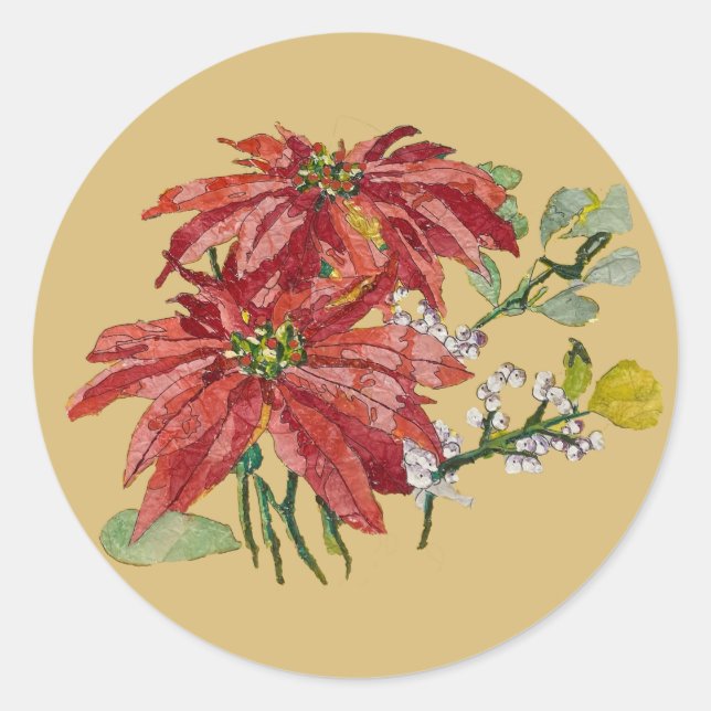 Goldene Poinsettie | Weihnachtsticker in künstleri Runder Aufkleber (Vorderseite)