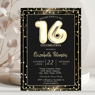 Goldene Polka-Punkte Schwarze Sweet 16-Party Einladung