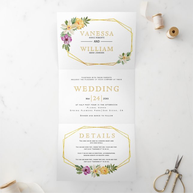 Goldene Polygon Aquarellfarbenhochzeit Dreifach Gefaltete Einladung (Innenseite)