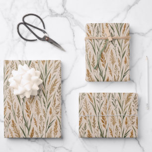 Goldene Präriewiese Wasserfarben Botanisches Muste Geschenkpapier Set