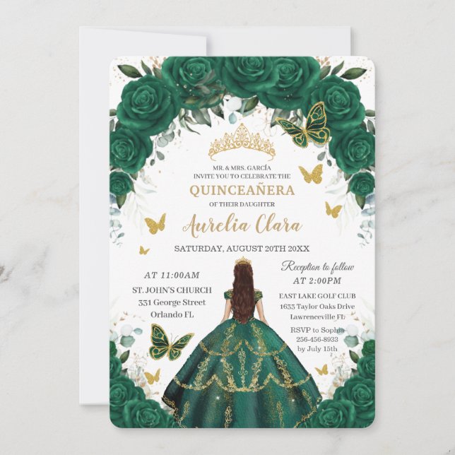 Goldene Prinzessin in Quinceañera Emerald Green Einladung (Vorderseite)