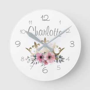 Goldene Prinzessin Kronenrosa Aquarellfarben Blume Runde Wanduhr