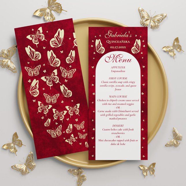 Goldene Quinceanera Butterfly 15. Geburtstagsparty Menükarte (Gold Red Quinceanera Butterfly 15th Birthday Party Menu)