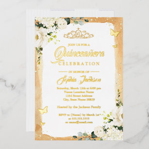 Goldene Quinceanera Florale Sparkle Tiara Geburtst Folieneinladung