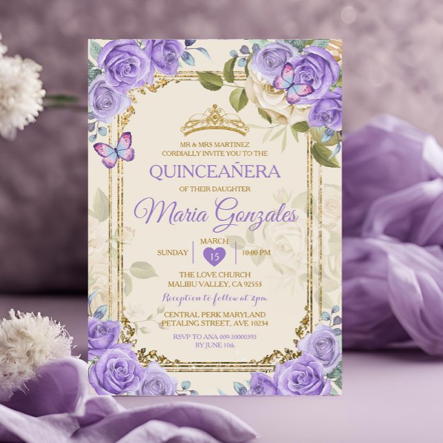 Goldene Quinceañera Lila Krone Mexikanischer Schme Einladung (Von Creator hochgeladen)