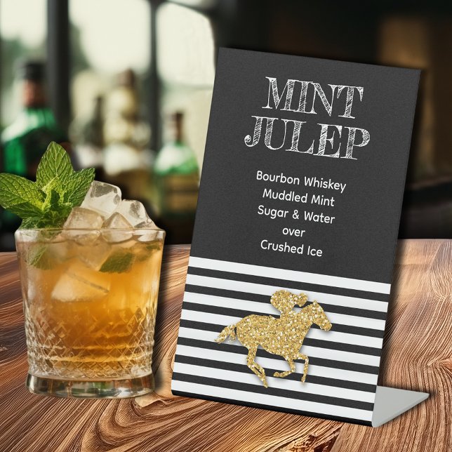 Goldene Racehorse Sockelschild (Gold racehorse on black and white stripes mint julep pedestal sign)
