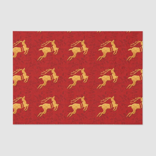 Goldene Rentiere in Red Damask ummantelt Seidenpapier (Vorderseite)