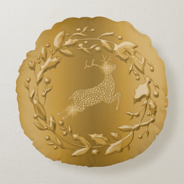Goldene Rentiere und Wreath Gold Weihnachten Rundes Kissen (Vorderseite)