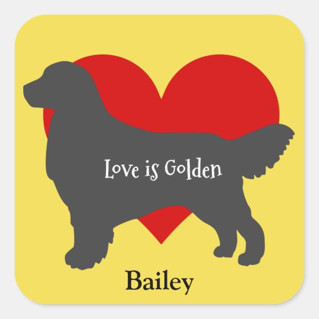 Goldene Retriever Silhouette Liebe ist Golden Quadratischer Aufkleber (Vorderseite)