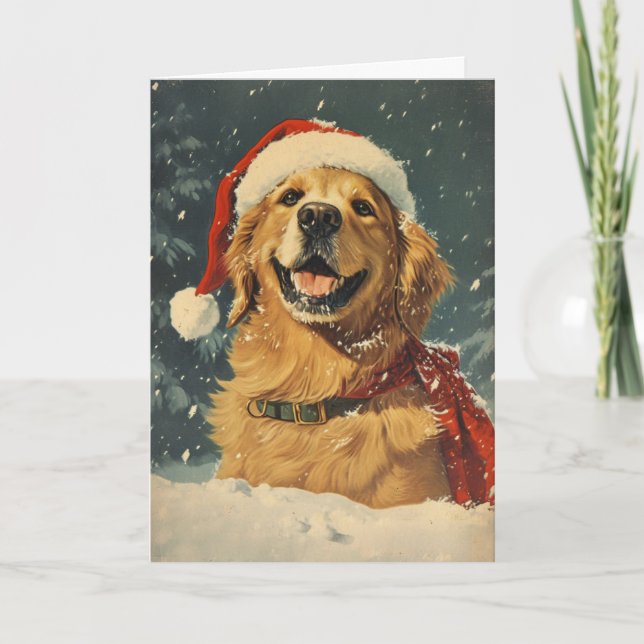 Goldene Retriever Vintag personalisierte Weihnacht Feiertagskarte (Vorderseite)