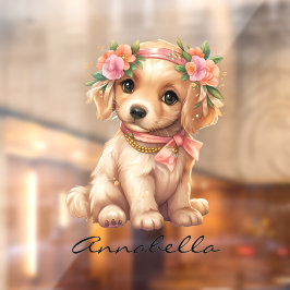 Goldene Retriever Welpe mit Blume Individuelle Nam Fensteraufkleber