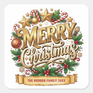 Goldene Retro Fröhliche Weihnachten Familienname Quadratischer Aufkleber