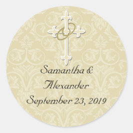 Goldene Ringe mit Kreuz, Christlicher Umschlag Auf Runder Aufkleber