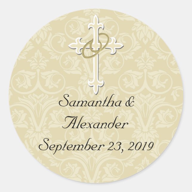 Goldene Ringe mit Kreuz, Christlicher Umschlag Auf Runder Aufkleber (Vorderseite)