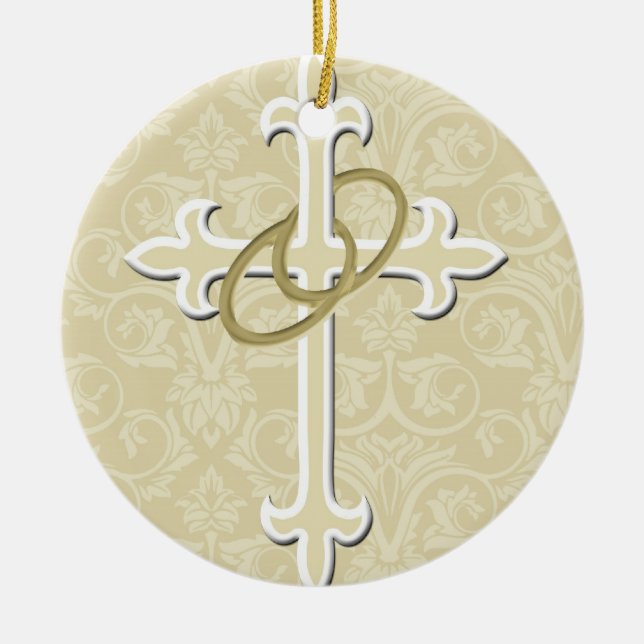 Goldene Ringe mit Kreuz, elegante Christliche Lieb Keramik Ornament (Vorne)