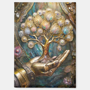 Goldene Robot-Hand, die den goldenen Baum des Lebe Magnet