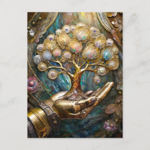 Goldene Robot-Hand, die den goldenen Baum des Lebe Postkarte