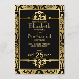 Goldene Romantik der 20er Jahre Art Déco Hochzeit Einladung