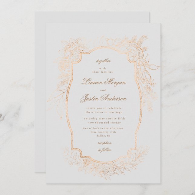 goldene romantische traditionelle Hochzeit mit Blu Einladung (Vorne/Hinten)