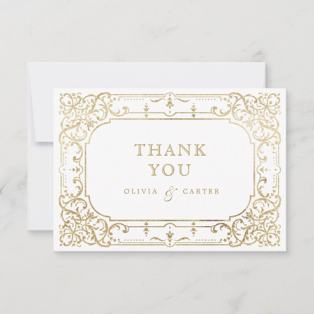Goldene romantische verzierte Hochzeit Dankeskarte (Vorderseite)