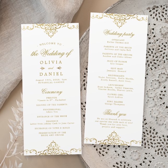 Goldene romantische verzierte Hochzeit Programm (Gold elegant romantic ornate vintage wedding program)