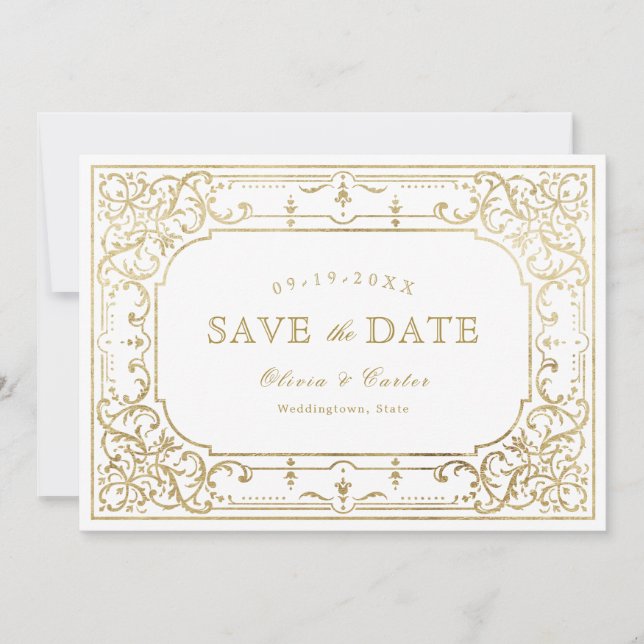 Goldene romantische verzierte Hochzeit Save The Date (Vorderseite)
