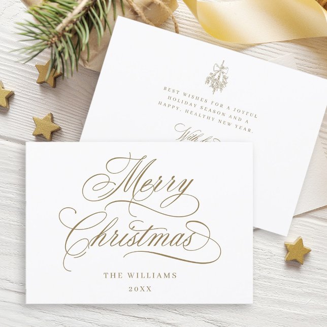 Goldene romantische Weihnachts-Script-Flat Feiertagskarte (Front & Back)