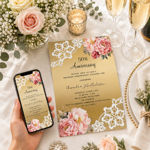 Goldene rosa Blumen zum 50. Hochzeitstag Einladung