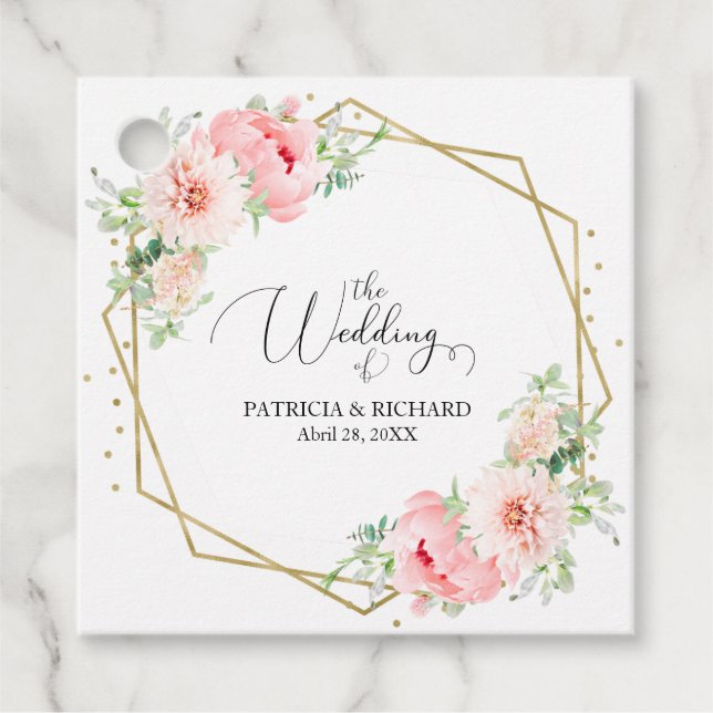 Goldene rosa Blush Bloral Wedding Geschenkanhänger (Vorderseite)