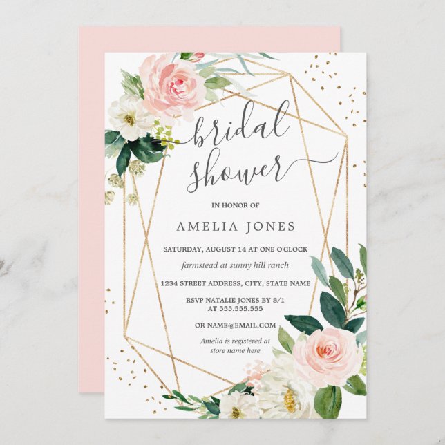 Goldene Rosa Blütendusche Einladung (Vorne/Hinten)