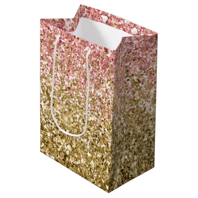 Goldene Rosa Glitzy Glitzer Sparkle Mittlere Geschenktüte (Vorderseite Schrägansicht)