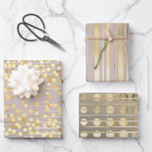Goldene, rosa Konfetti-Streifen mit elegantem Desi Geschenkpapier Set